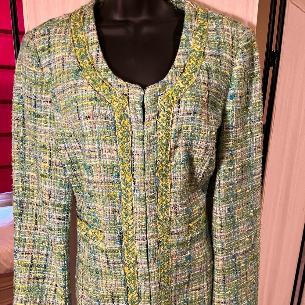 Doncaster Tweed 30” long jacket sz 12, generous fit bit not oversized. Grn/blue